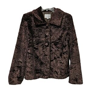 Erin London Jacket Womens S Brown Faux Fur Astrakhan Style Button Front Collared